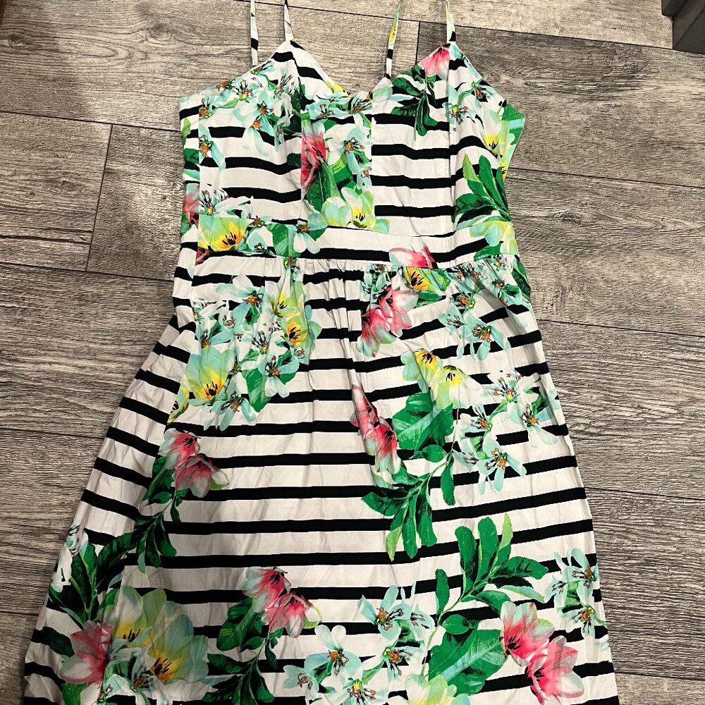 R&K White Black Striped Floral Mini Dress with Green and Pink Accents